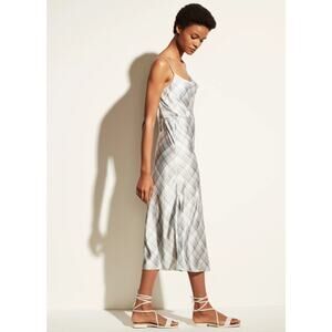 $345 Vince Powder Blue Hazy Plaid Cowl Neck Satin Slip Dress 12 NEW